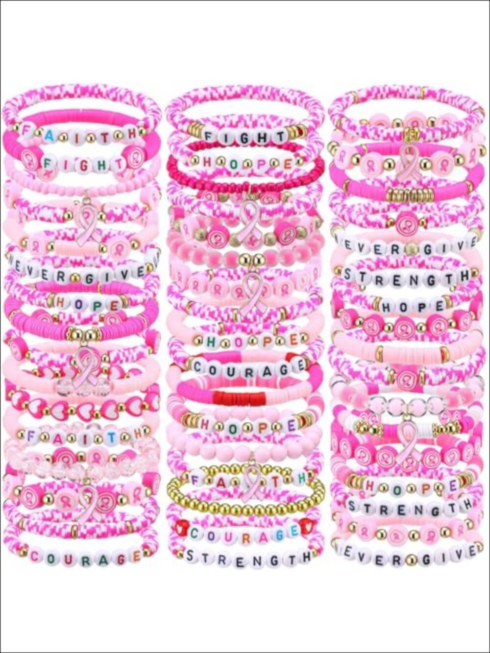 50 Breast Cancer Awareness Bracelets Pink Ribbon Stretch Wristband Set